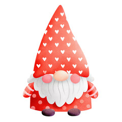 Watercolor Valentine Gnome Clipart with Red Heart Pattern Hat and Cute Pink Details