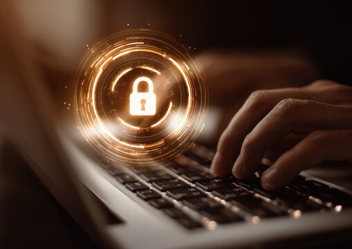 Hands typing on laptop with glowing digital security lock icon.