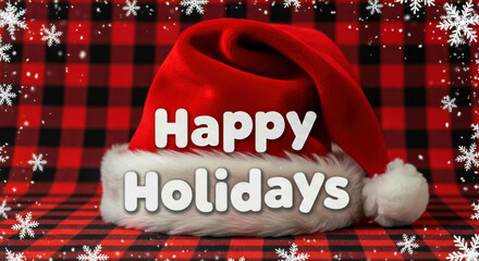 Classic festive red santa hat with 'happy holidays' text on plaid background and snowflakes isolated on white background, Vector