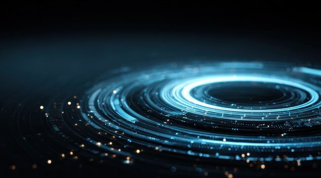 Abstract glowing blue light trails form concentric circles on dark surface.