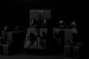 Luxurious Black Gift Boxes with Elegant Ribbons on Dark Background