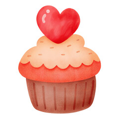 Watercolor Cupcake with Red Heart Topper Clipart for Valentine’s Day Sweet Romantic Decor