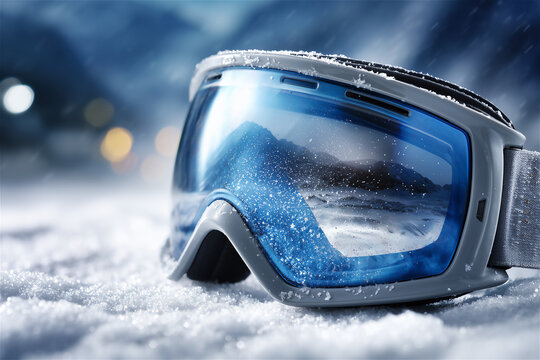 Blue ski goggles resting on fresh snow in bright winter light, representing outdoor sports, adventure, and cold seasonal recreation in a crisp mountain setting.