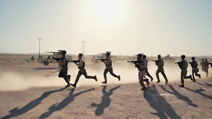 Military Training Exercise: Group of Soldiers Running with Rifles in Desert Environment, Tactical Maneuvers, Armed Forces, Teamwork, and Readiness - Powered by Adobe
