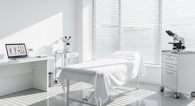 Bright, empty medical examination room with a clean white bed, modern microscopes, and a laptop displaying anatomical diagrams on a desk.