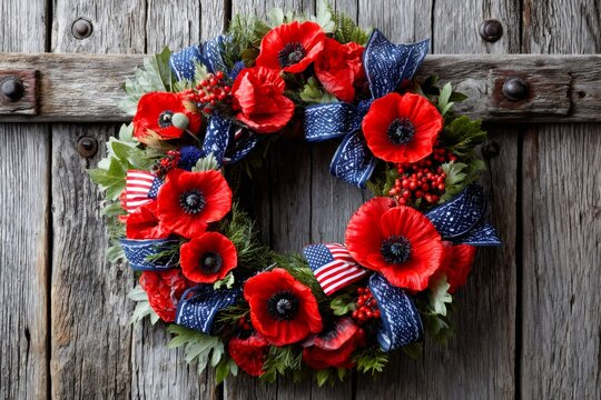 Memorial day wreath with poppies and american flag - Powered by Adobe