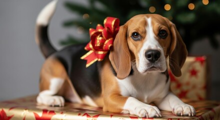 Beagle dog laying on holiday gifts with a red bow in festive setting  