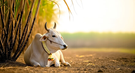 Cow Decorated with Flower Garland for Pongal Holiday  Sitting Peacefully Under Sugarcane Stalks