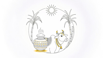 Minimalist Line Art Decorative Circular Composition of Pongal Holiday Symbols on Isolated White Empty Background