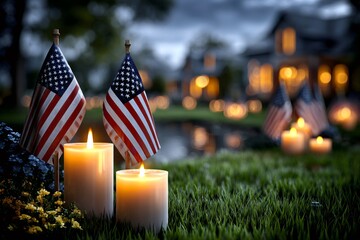 Memorial day american flags and burning candles remembering