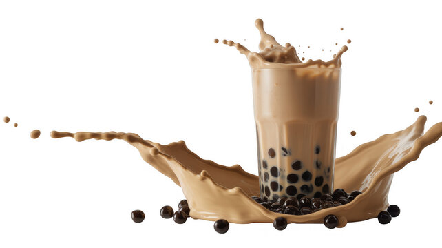 Brown bubble tea drink splashing with tapioca pearls isolated on a transparent background