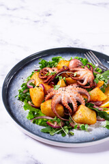 Grilled octopus dish, with baked potatoes, and fresh herbs, on a marble table, homemade, no people