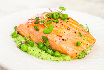 Grilled salmon filet served on a bed of green pea puree with fresh microgreens and peas, presented on a white plate