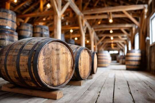 Wooden barrels aging alcohol in rustic distillery warehouse