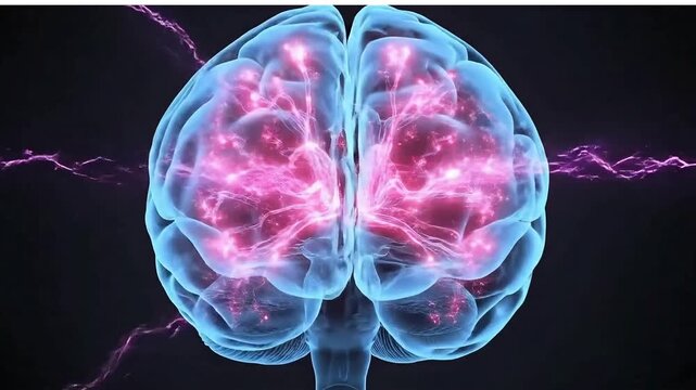 Dynamic brain activity video shows neural network firing with glowing connections and intense focus point