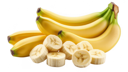 Bunch of ripe yellow bananas with sliced pieces isolated on a transparent background 1