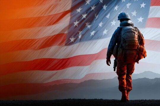 Soldier standing before american flag honoring service and sacrifice