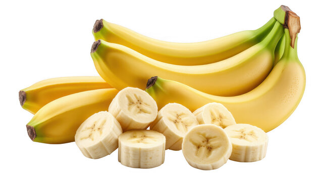 Bunch of ripe yellow bananas with sliced pieces isolated on a transparent background 1