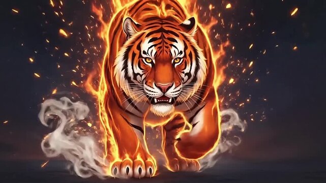 Fiery tiger with burning fur prowling in the dark ready to pounce in powerful dynamic motion