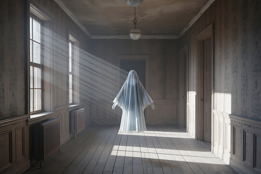 Ethereal ghost figure shrouded in white sheet, bathed in haunting sunlight, creating an eerie yet captivating scene for spooky season or supernatural themes