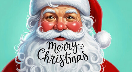 Santa claus portrait with festive merry christmas text on his beard, holiday season isolated on white background, Vector