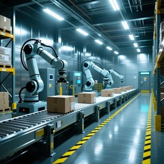 The nighttime storage area is illuminated by blue cool light.Bright and airy empty modern warehouse lobby，The Future Warehouse with Automated Robotic Arm Sorting Systems