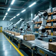 The nighttime storage area is illuminated by blue cool light.Bright and airy empty modern warehouse lobby，The Future Warehouse with Automated Robotic Arm Sorting Systems