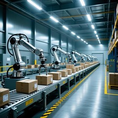 The nighttime storage area is illuminated by blue cool light.Bright and airy empty modern warehouse lobby，The Future Warehouse with Automated Robotic Arm Sorting Systems