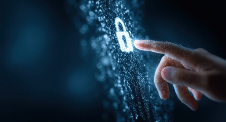 Finger touching glowing digital padlock on dark background