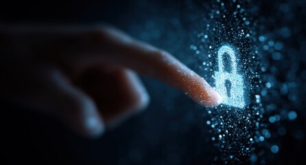 Finger touching glowing digital padlock icon on dark background