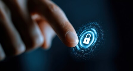 Finger touching glowing digital padlock icon on dark background
