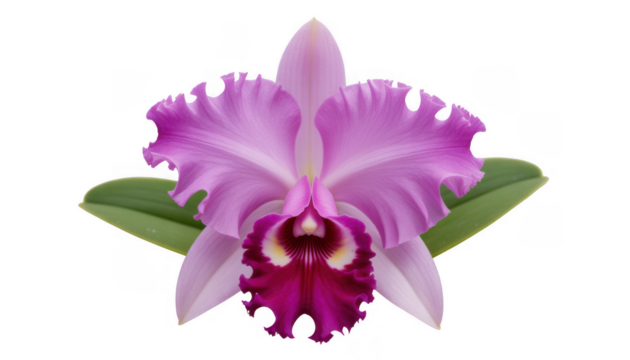 Cattleya orchid flower with ruffled purple petals and green leaves isolated on a transparent background