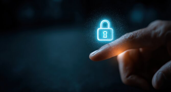 Finger touching glowing digital padlock icon against dark background.
