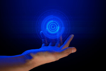 businessman hand holding holographic of  metaverse network scfi cyberpunk on black background, internet social online technology