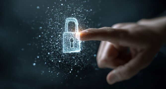 Finger touches glowing digital padlock icon with sparkling particles.