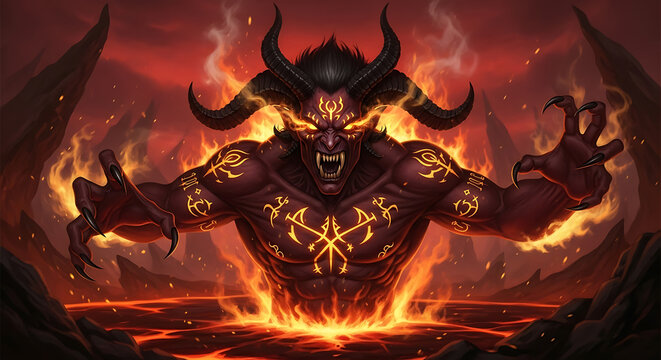 Powerful Horned Fire Demon Emerging from Molten Lava in Hellish Fiery Landscape.