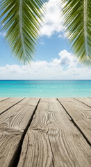 Fototapeta premium Tropical paradise boardwalk view with palm fronds.