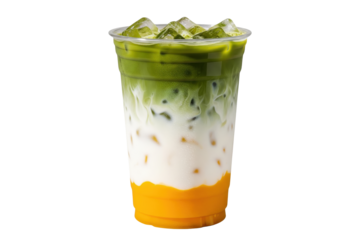 iced layered mango matcha latte isolated