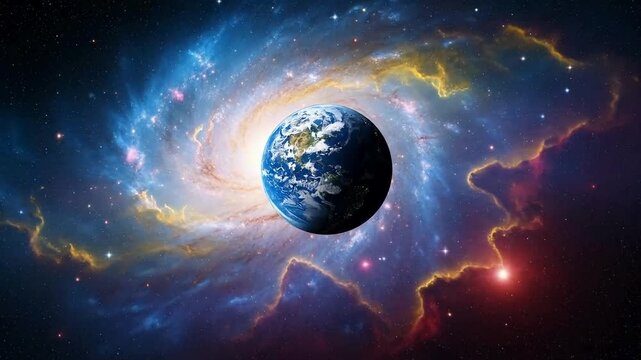 Watch Earth rotate in deep space with vibrant nebula clouds forming galactic cosmic motion footage