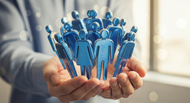 Hands holding metallic blue people figurines