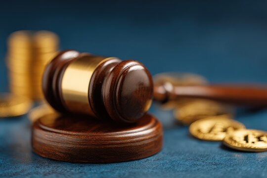 Wooden gavel rests on a block near blurred gold coins. - Powered by Adobe