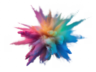 Colorful powder explosion with pink blue and orange hues isolated on a transparent background