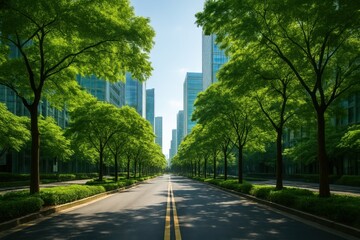 Modern sustainable city street lined with lush green trees and glass skyscrapers, showcasing harmony between urban architecture and nature, clean road, peaceful atmosphere, eco-friendly urban design.