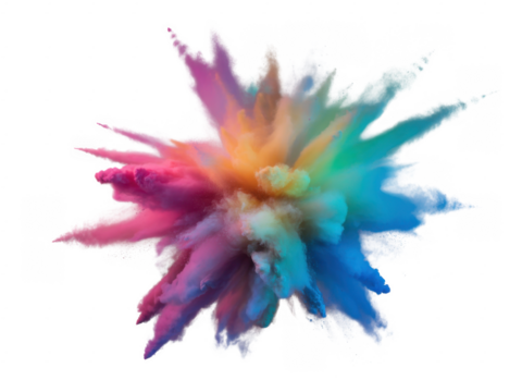 Colorful powder explosion with pink blue and orange hues isolated on a transparent background