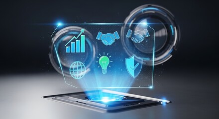 Holographic display showing business icons with growth and partnership on a modern device surface