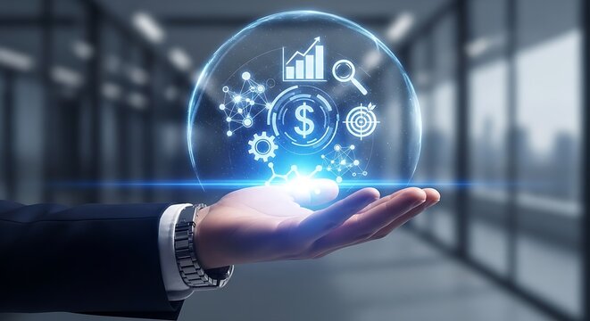 Hand holding a glowing sphere with financial and technological icons in a blurred office setting