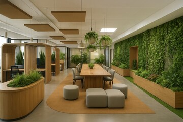 A modern biophilic office interior featuring natural materials, lush greenery, wooden furniture, and soft daylight, designed to create a calm, human-centered workspace atmosphere.