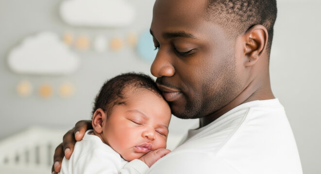 Father holding sleeping newborn baby close