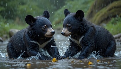 black bear cubs playing in pouring rain