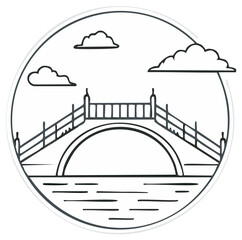 Illustration of a Stone Bridge over Water with Cloudscape, in a Circular Frame, Outlines